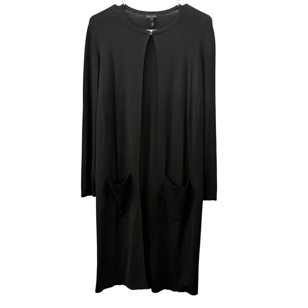 Escada Womens Black Long Duster Cardigan Sweater Size Medium Hook Eye Pocket